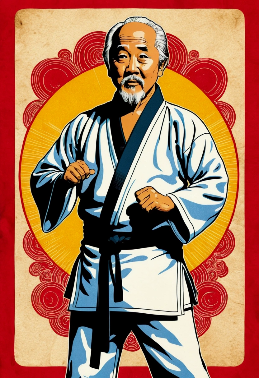 Old card of ACTOR PAT MORITA, o sr. MIYAGI EM KARATE KID, HAND MADE DRAWING, COMIC STYLE, COMICS, HQ style vintage illustration, high resolution, colors RED AND YELLOW AS BASE TONE, intricate drawing, aged paper texture, swirly vibrant colors, dramatic lighting, full body shot shot, Nevada six, nothing but an entirely white kimono and a black belt at the waist

