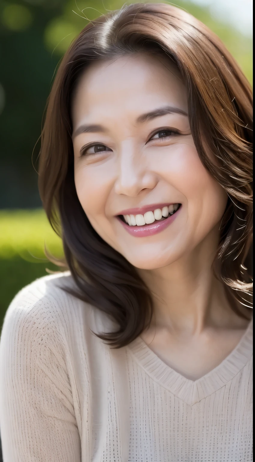最high quality, In 8K, Masseter region, Real, Sharp focus, high quality, High resolution, Detailed face, Detailed eyes, Thick lips, (Look at the viewers), alone, Middle-aged women, , 60 years old, , Wavy Hair, , Wearing a plain short-sleeved knit, Afternoon in front of the park garden, Wrinkles around the eyes, Smiling with teeth showing