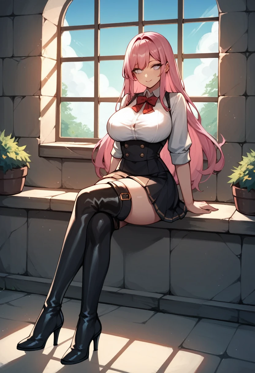score_9, score_8_up, score_7_up, score_6_up, score_5_up, score_4_up, source_anime, 1woman, sit, pink hair, long hair, white eyes, half naked, big breast, skirts, thigh high boots, heels, day, windows, dungeon, best quality, best res, 4K UHD,