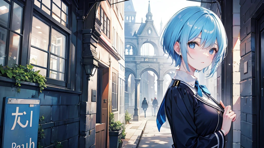 「Blue short hair」in「Girl wearing a German officer's cap」。「Black cloak」Wearing。Background「Berlin city as a battlefield in 1945」。