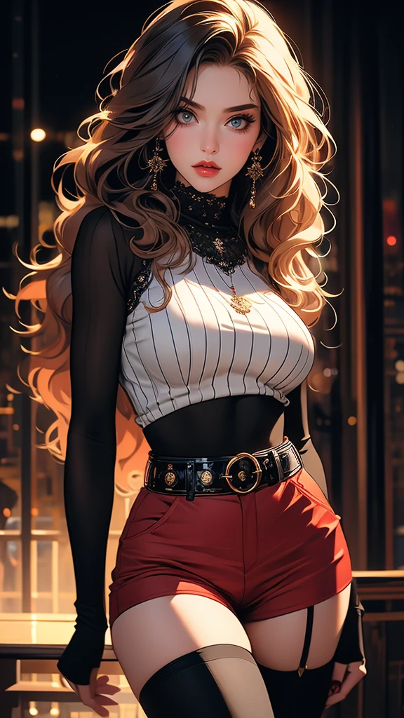 a beautiful young woman with striking, detailed eyes, wearing striped thigh-highs, red and white striped stockings, shorts, a black crop top tucked into the shorts, and a belt, with long curly hair, beautiful detailed eyes and lips, an extremely detailed face, long eyelashes, medium bust, nipples covered, under studio lighting, highly detailed, cinematic lighting, photorealistic, realistic skin texture, in a dynamic pose, with intricate details, a warm color palette, glowing skin, hyper detailed, vibrant colors, award winning photography, ethereal, elegant, alluring, portrait. Освещение в изображении должно быть мягким и атмосферным., создание мистической и сказочной атмосферы. - мистическая атмосфера. Изображение должно было иметь общее ощущение мистики и потустороннего мира., с еще большим количеством элементов фэнтези. (Идеальные детали: 1.1), (красивый и четкий фон: 1.2), (Чрезвычайно детализированная компьютерная графика, Ультра подробный, лучшая тень: 1.1), (мелко детализированные красивые глаза), ( полнометражный 1.1)