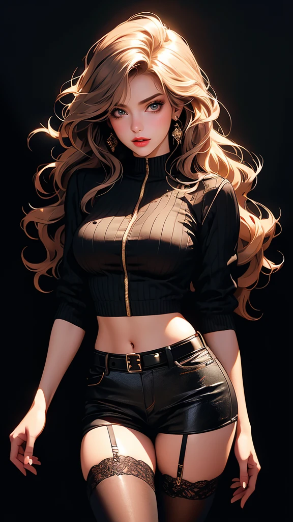 a beautiful young woman with striking, detailed eyes, wearing striped thigh-highs, red and white striped stockings, shorts, a black crop top tucked into the shorts, and a belt, with long curly hair, beautiful detailed eyes and lips, an extremely detailed face, long eyelashes, medium bust, covered, under studio lighting, highly detailed, cinematic lighting, photorealistic, realistic skin texture, in a dynamic pose, with intricate details, a warm color palette, glowing skin, hyper detailed, vibrant colors, award winning photography, ethereal, elegant, alluring, portrait. Освещение в изображении должно быть мягким и атмосферным., создание мистической и сказочной атмосферы. - мистическая атмосфера. Изображение должно было иметь общее ощущение мистики и потустороннего мира., с еще большим количеством элементов фэнтези. (Идеальные детали: 1.1), (красивый и четкий фон: 1.2), (Чрезвычайно детализированная компьютерная графика, Ультра подробный, лучшая тень: 1.1), (мелко детализированные красивые глаза), ( полнометражный 1.1)