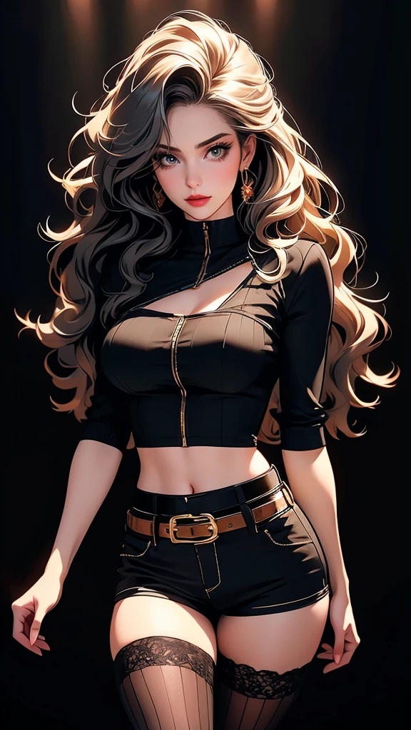 a beautiful young woman with striking, detailed eyes, wearing striped thigh-highs, red and white striped stockings, shorts, a black crop top tucked into the shorts, and a belt, with long curly hair, beautiful detailed eyes and lips, an extremely detailed face, long eyelashes, medium bust, nipples covered, under studio lighting, highly detailed, cinematic lighting, photorealistic, realistic skin texture, in a dynamic pose, with intricate details, a warm color palette, glowing skin, hyper detailed, vibrant colors, award winning photography, ethereal, elegant, alluring, portrait. Освещение в изображении должно быть мягким и атмосферным., создание мистической и сказочной атмосферы. - мистическая атмосфера. Изображение должно было иметь общее ощущение мистики и потустороннего мира., с еще большим количеством элементов фэнтези. (Идеальные детали: 1.1), (красивый и четкий фон: 1.2), (Чрезвычайно детализированная компьютерная графика, Ультра подробный, лучшая тень: 1.1), (мелко детализированные красивые глаза), ( полнометражный 1.1)