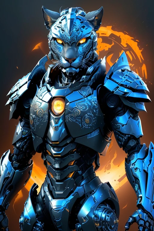 a closeup of a robot with a helmet and armor, Rich Aztec jaguar armor, the golden cat knight in armor, caracal cyborg, Cybernetic Fire Armor, armored cat, beautiful biomechanical djinn, humanoid cheetah, blue armor, armored feline companion, Impressive armor, cybernetic armor, Highly detailed 4k digital art, cybernetic flame armor