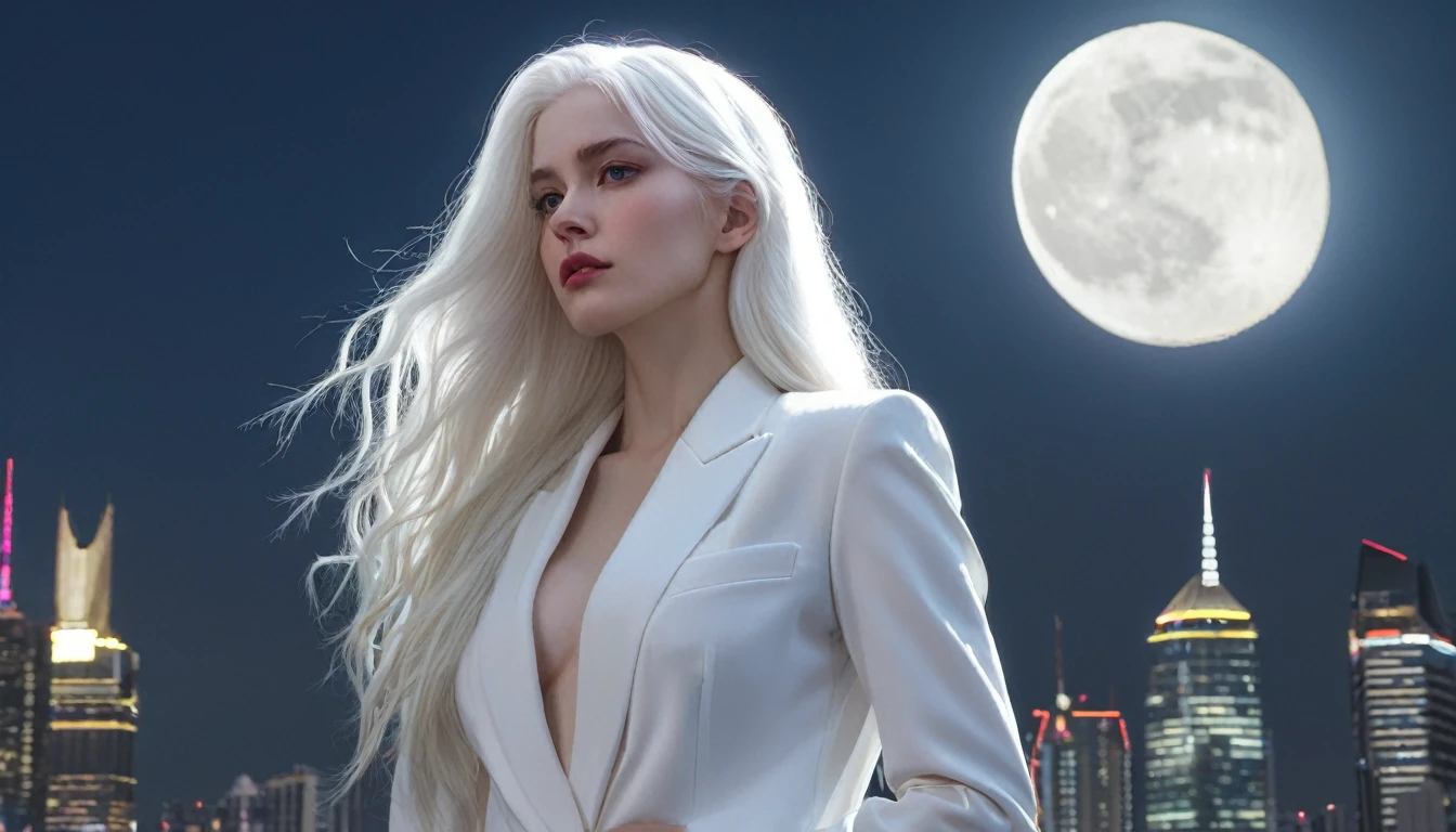 masterpiece, Highest quality, (alone focus), (Perfect Face:1.1), (Attention to detail:1.1),dramatic, 1 person, (Pale skin), Long white hair, White eyes, alone, Long Hair, moon, night, White luxury suit, Covered navel, Pouting, Covered, Future City, Detailed Background, art：artgerm と greg rutkowski,  Cinema Lighting,