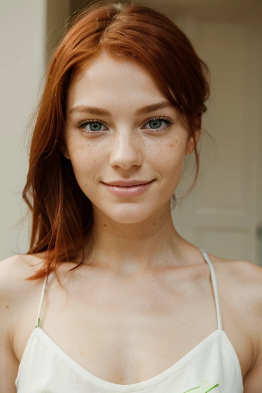 I want a European woman with red hair and freckles, a slim face and a square jaw, with light green eyes, smiling. I want a model.