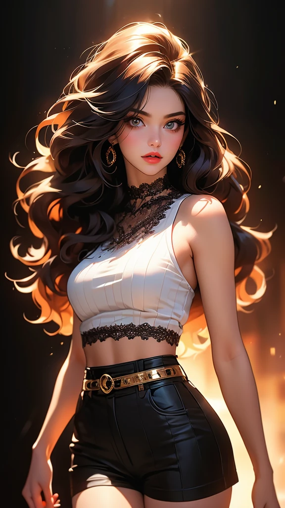 a beautiful young woman with striking, detailed eyes, wearing striped thigh-highs, red and white striped stockings, shorts, a black crop top tucked into the shorts, and a belt, with long curly hair, beautiful detailed eyes and lips, an extremely detailed face, long eyelashes, medium bust, nipples covered, under studio lighting, highly detailed, cinematic lighting, photorealistic, realistic skin texture, in a dynamic pose, with intricate details, a warm color palette, glowing skin, hyper detailed, vibrant colors, award winning photography, ethereal, elegant, alluring, portrait. Освещение в изображении должно быть мягким и атмосферным., создание мистической и сказочной атмосферы. - мистическая атмосфера. Изображение должно было иметь общее ощущение мистики и потустороннего мира., с еще большим количеством элементов фэнтези. (Идеальные детали: 1.1), (красивый и четкий фон: 1.2), (Чрезвычайно детализированная компьютерная графика, Ультра подробный, лучшая тень: 1.1), (мелко детализированные красивые глаза), ( полнометражный 1.1)