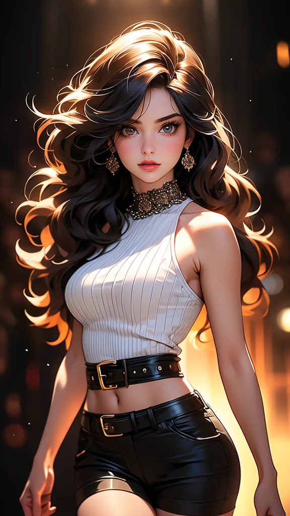 a beautiful young woman with striking, detailed eyes, wearing striped thigh-highs, red and white striped stockings, shorts, a black crop top tucked into the shorts, and a belt, with long curly hair, beautiful detailed eyes and lips, an extremely detailed face, long eyelashes, medium bust, nipples covered, under studio lighting, highly detailed, cinematic lighting, photorealistic, realistic skin texture, in a dynamic pose, with intricate details, a warm color palette, glowing skin, hyper detailed, vibrant colors, award winning photography, ethereal, elegant, alluring, portrait. Освещение в изображении должно быть мягким и атмосферным., создание мистической и сказочной атмосферы. - мистическая атмосфера. Изображение должно было иметь общее ощущение мистики и потустороннего мира., с еще большим количеством элементов фэнтези. (Идеальные детали: 1.1), (красивый и четкий фон: 1.2), (Чрезвычайно детализированная компьютерная графика, Ультра подробный, лучшая тень: 1.1), (мелко детализированные красивые глаза), ( полнометражный 1.1)
