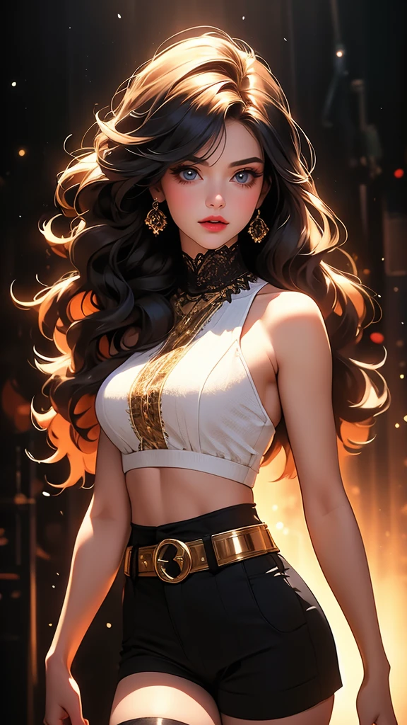 a beautiful young woman with striking, detailed eyes, wearing striped thigh-highs, red and white striped stockings, shorts, a black crop top tucked into the shorts, and a belt, with long curly hair, beautiful detailed eyes and lips, an extremely detailed face, long eyelashes, medium bust, nipples covered, under studio lighting, highly detailed, cinematic lighting, photorealistic, realistic skin texture, in a dynamic pose, with intricate details, a warm color palette, glowing skin, hyper detailed, vibrant colors, award winning photography, ethereal, elegant, alluring, portrait. Освещение в изображении должно быть мягким и атмосферным., создание мистической и сказочной атмосферы. - мистическая атмосфера. Изображение должно было иметь общее ощущение мистики и потустороннего мира., с еще большим количеством элементов фэнтези. (Идеальные детали: 1.1), (красивый и четкий фон: 1.2), (Чрезвычайно детализированная компьютерная графика, Ультра подробный, лучшая тень: 1.1), (мелко детализированные красивые глаза), ( полнометражный 1.1)