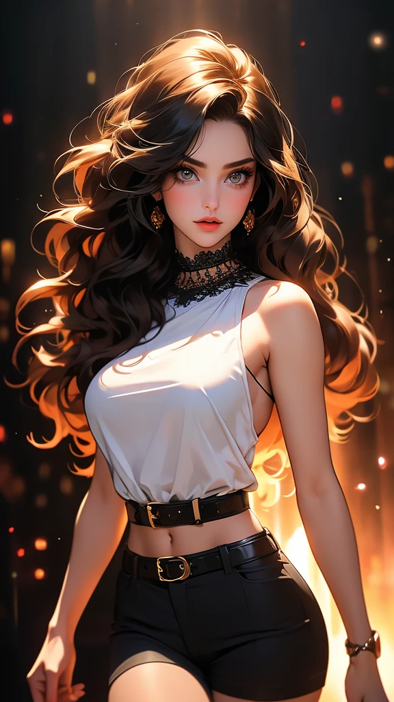 a beautiful young woman with striking, detailed eyes, wearing striped thigh-highs, red and white striped stockings, shorts, a black crop top tucked into the shorts, and a belt, with long curly hair, beautiful detailed eyes and lips, an extremely detailed face, long eyelashes, medium bust, nipples covered, under studio lighting, highly detailed, cinematic lighting, photorealistic, realistic skin texture, in a dynamic pose, with intricate details, a warm color palette, glowing skin, hyper detailed, vibrant colors, award winning photography, ethereal, elegant, alluring, portrait. Освещение в изображении должно быть мягким и атмосферным., создание мистической и сказочной атмосферы. - мистическая атмосфера. Изображение должно было иметь общее ощущение мистики и потустороннего мира., с еще большим количеством элементов фэнтези. (Идеальные детали: 1.1), (красивый и четкий фон: 1.2), (Чрезвычайно детализированная компьютерная графика, Ультра подробный, лучшая тень: 1.1), (мелко детализированные красивые глаза), ( полнометражный 1.1)