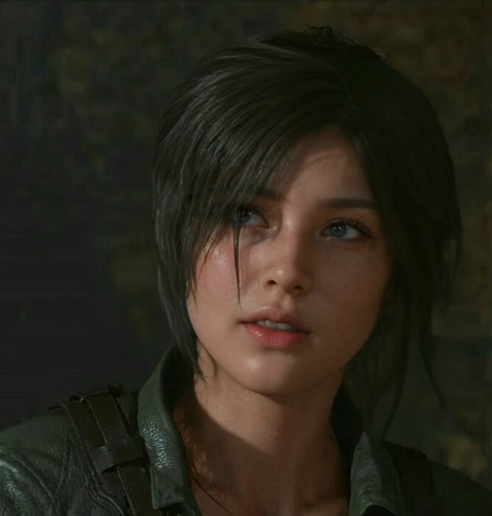 Lara Croft, eyes browns, (best qualityer, ultra detali), (realisitic:1.37), beautiful and detailed face, ultra-realisitic texture, 精致的面容, Delicate body, red lipgloss stick, shiny colors. High definition, 8k.