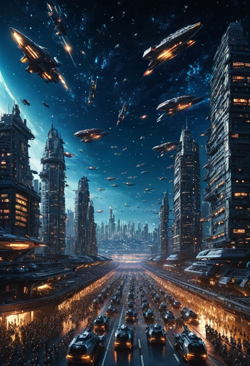 dystopian scenario starry sky with fleets with hundreds of spaceships in war formation over a big city with illuminated buildings, people in the streets running in despair in fear
