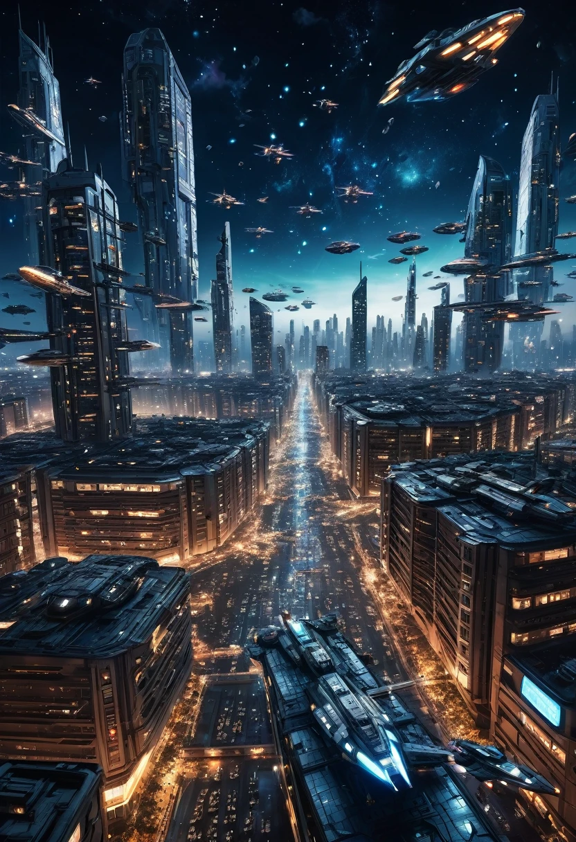 dystopian scenario starry sky with fleets with hundreds of spaceships in war formation over a big city with illuminated buildings, people in the streets running in despair in fear