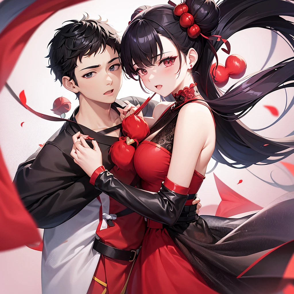 Pucca Korean girl with two buns and red dress kissing Garu Korean boy with black heart blouse with 2 tied in his hair