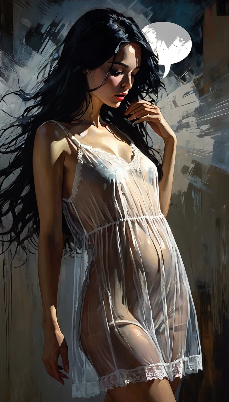 girl with long black hair, very small tits, speech bubble,transparent sexy nightdress
, great detail, many talking hearts, {{{movement lines}}},, {{panties aside}},, eroticism, sexy, white image and black, between shadows, oil painting, chiaroscuro, sensual, dramatic lighting, moody atmosphere, photorealistic, intricate details, masterpiece, ultra-detailed, high quality, 8k, best quality, realistic, cinematic, Dark and melancholic composition, expressionistic and powerful , emotional impact, art inspired by Bill Sienkiewicz.
