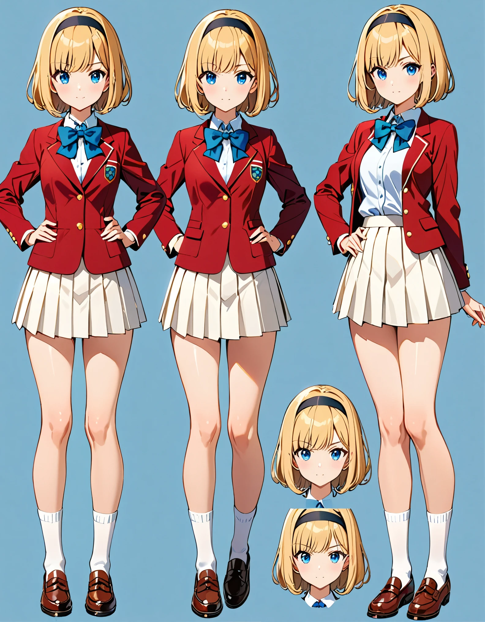 masterpiece, best quality, 1girl, age 16, high school girl, (bangs, blonde hair, bob hair), ((black headband)), blue eyes, beautiful detailed eyes, beautiful detailed face, cute face, perfect hands, complete fingers, perfect anatomy, perfect proportions, (bow, bowtie. blue bowtie), full body, hand on hip, hands on hips, (red jacket), looking at viewer, (skirt, white skirt, pleated skirt, miniskirt) bare legs, shirt, white shirt, socks, white socks, brown shoes, solo, solo focus, standing. Simple background, Multiple Views, Character Sheet Full-Length.