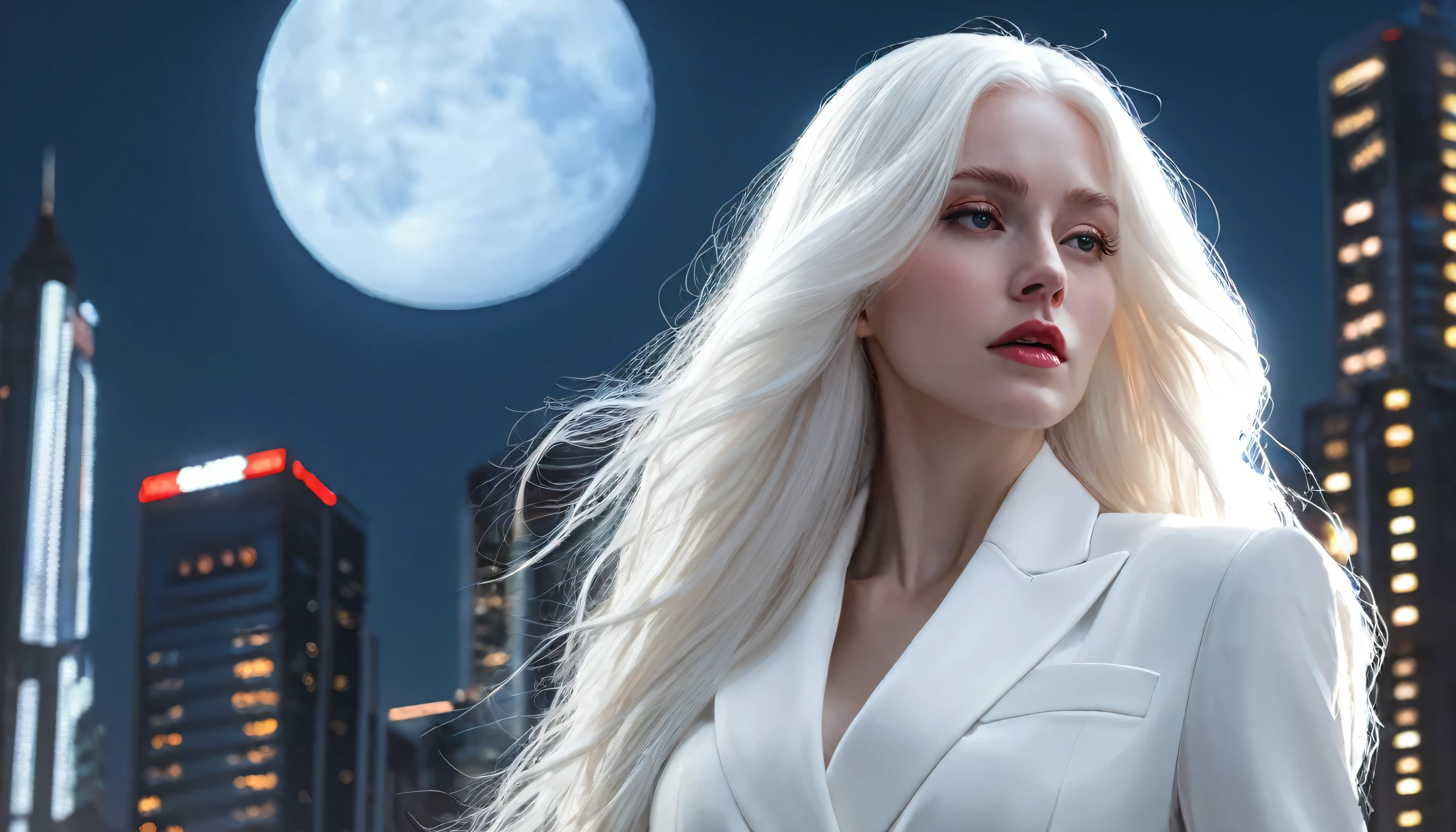 masterpiece, Highest quality, (alone focus), (Perfect Face:1.1), (Attention to detail:1.1),dramatic, 1 person, (Pale skin), Long white hair, White eyes, alone, Long Hair, moon, night, White luxury suit, Covered navel, Pouting, Covered, Future City, Detailed Background, art:artgerm と greg rutkowski, Cinema Lighting,