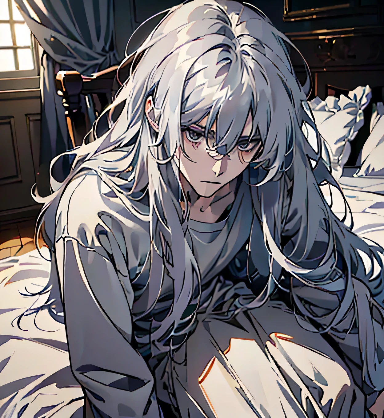 Draw an image in (((8k quality)) ((manhwa style)) of a young man, with (long hair and long fringe)), gray eyes, ((body proportional)), melancholy look, he has a thoughtful expression on his face. He is wearing a white shirt and black pants. Sitting in front of a dilapidated bedroom. ((maximum quality, high quality details ))