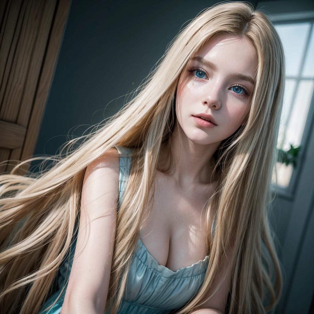 ((best qualityer)), ((work of art)), (detailded), super realistico, a beautiful young woman, young white woman, Long, wavy hair, dark blonde hair, rosy cheeks, blue colored eyes, black leagwear, elegant pose, top quality picture, super realistico, 8 k quality, ultra realisitic