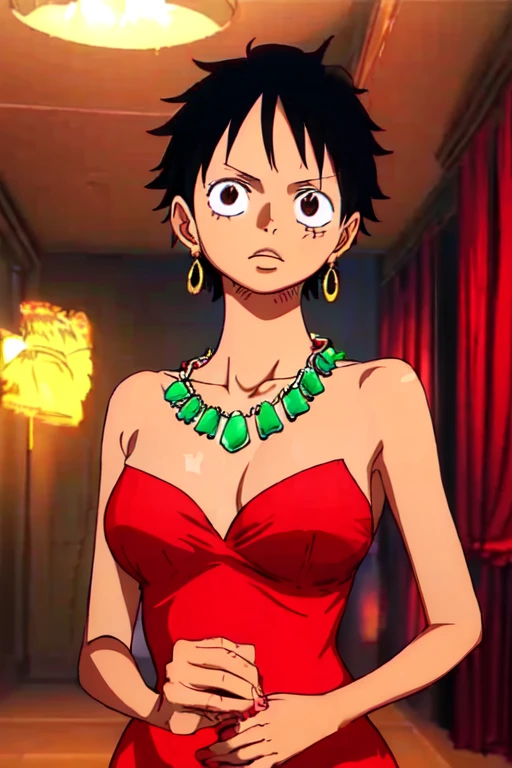 (masterpiece, best quality), beautiful detailed face, monkey_d_luffy, Luffy female, straw hat, scar under eye, genderswap, brown eyes, short black hair, elegant dress, diamond necklace, emerald earrings, in the hall, intricate details, photorealistic, 8k, chiaroscuro lighting, ethereal atmosphere, jewel-toned colors