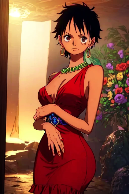 (masterpiece, best quality), beautiful detailed face, monkey_d_luffy, Luffy female, straw hat, scar under eye, genderswap, brown eyes, short black hair, elegant dress, diamond necklace, emerald earrings, in the hall, intricate details, photorealistic, 8k, chiaroscuro lighting, ethereal atmosphere, jewel-toned colors