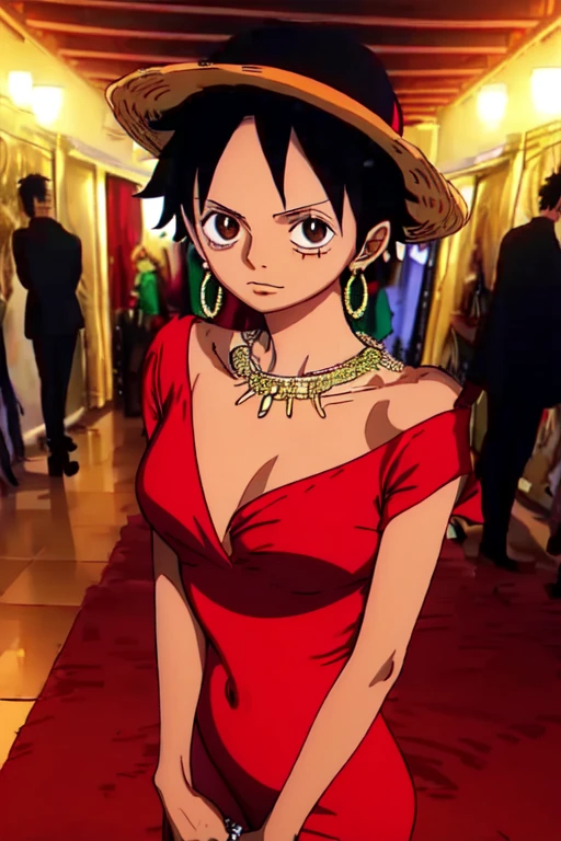 (masterpiece, best quality), beautiful detailed face, monkey_d_luffy, Luffy female, straw hat, scar under eye, genderswap, brown eyes, short black hair, elegant dress, diamond necklace, emerald earrings, in the hall, intricate details, photorealistic, 8k, chiaroscuro lighting, ethereal atmosphere, jewel-toned colors