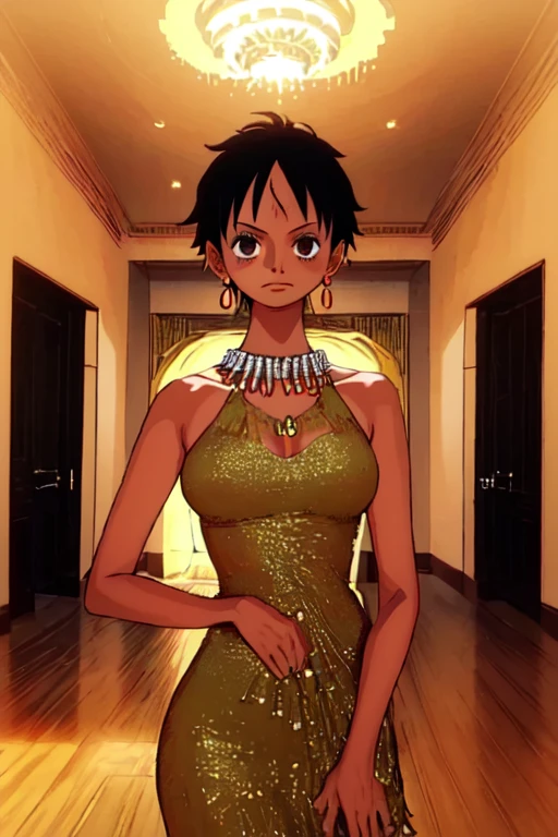 (masterpiece, best quality), beautiful detailed face, monkey_d_luffy, Luffy female, straw hat, scar under eye, genderswap, brown eyes, short black hair, elegant dress, diamond necklace, emerald earrings, in the hall, intricate details, photorealistic, 8k, chiaroscuro lighting, ethereal atmosphere, jewel-toned colors