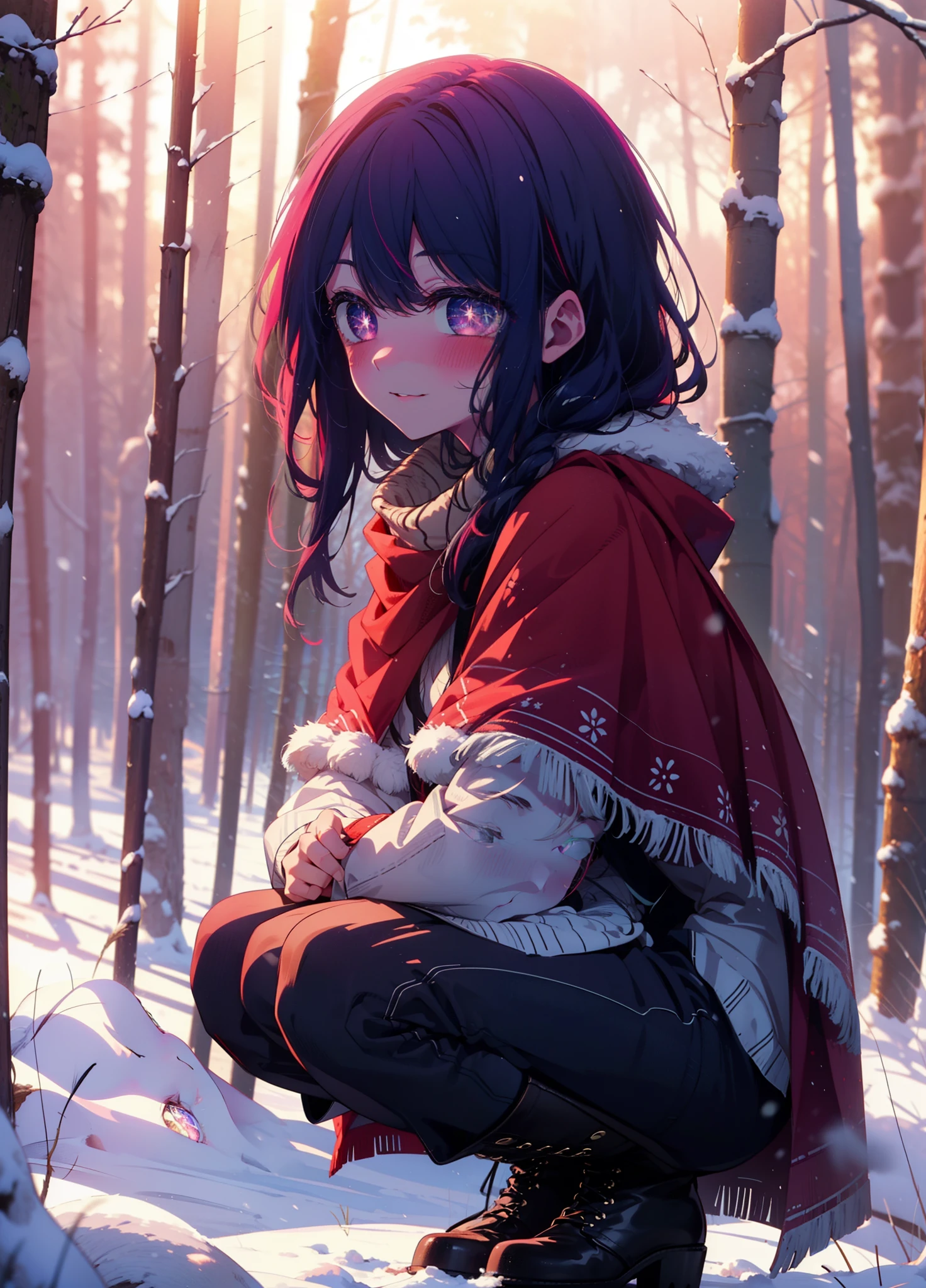 aihoshino, Ai Hoshino, Long Hair, bangs, (Purple eyes:1.1), Purple Hair, (Symbol-shaped pupil:1.5), smile,,smile,blush,white breath,
Open your mouth,snow,Ground bonfire, Outdoor, boots, snowing, From the side, wood, suitcase, Cape, Blurred, , forest, White handbag, nature,  Squat, Mouth closed, Cape, winter, Written boundary depth, Black shoes, red Cape break looking at viewer, Upper Body, whole body, break Outdoor, forest, nature, break (masterpiece:1.2), Highest quality, High resolution, unity 8k wallpaper, (shape:0.8), (Beautiful and beautiful eyes:1.6), Highly detailed face, Perfect lighting, Highly detailed CG, (Perfect hands, Perfect Anatomy),