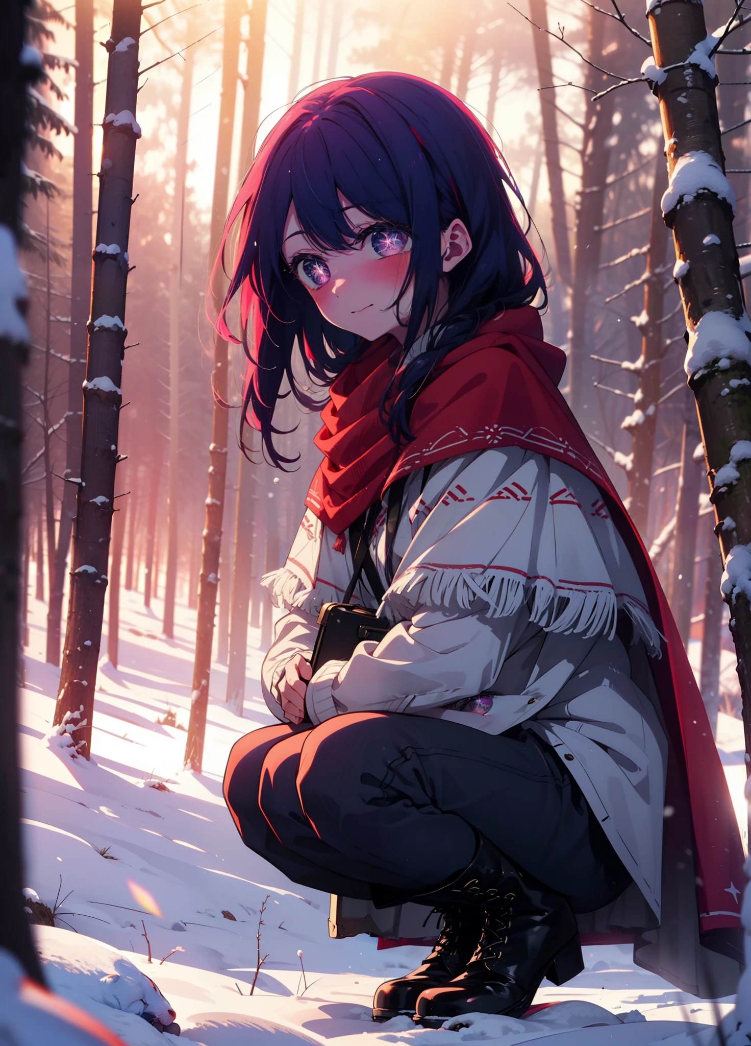 aihoshino, Ai Hoshino, Long Hair, bangs, (Purple eyes:1.1), Purple Hair, (Symbol-shaped pupil:1.5), smile,,smile,blush,white breath,
Open your mouth,snow,Ground bonfire, Outdoor, boots, snowing, From the side, wood, suitcase, Cape, Blurred, , forest, White handbag, nature,  Squat, Mouth closed, Cape, winter, Written boundary depth, Black shoes, red Cape break looking at viewer, Upper Body, whole body, break Outdoor, forest, nature, break (masterpiece:1.2), Highest quality, High resolution, unity 8k wallpaper, (shape:0.8), (Beautiful and beautiful eyes:1.6), Highly detailed face, Perfect lighting, Highly detailed CG, (Perfect hands, Perfect Anatomy),
