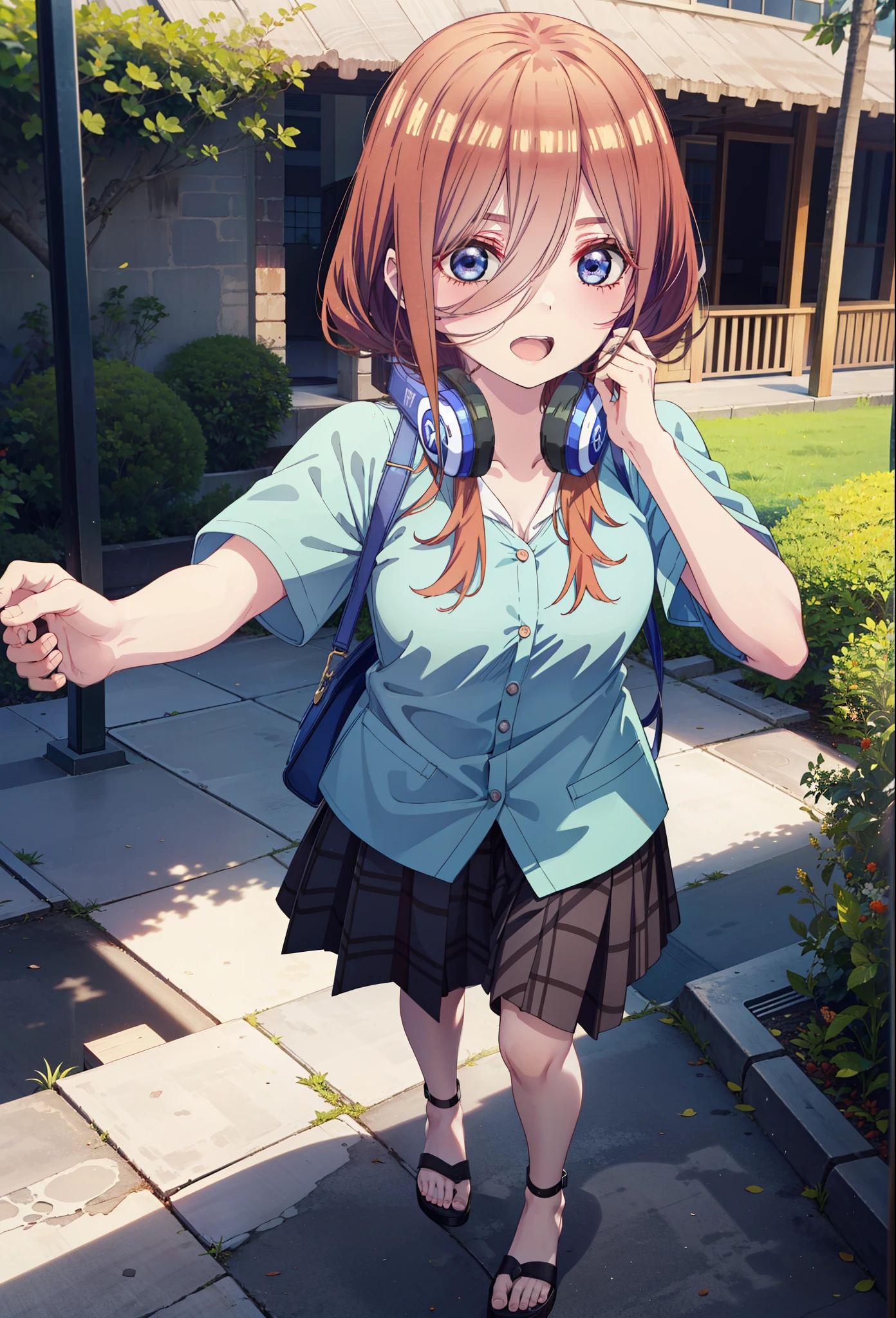 Miku Nakano, miku nakano, Long Hair, bangs, blue eyes, Brown Hair, shirt, Hair between the eyes, Headphones around neck,happy smile, smile, Open your mouth,オーバサイズワンショルダー青色shirt,Short sleeve,mini skirt,Heeled Sandals,Walking,morning,morning陽,Clear skies,Palm tree,whole bodyがイラストに入るように,
break outdoors, tropical,Building district,
break looking at viewer,whole body,
break (masterpiece:1.2), Highest quality, High resolution, unity 8k wallpaper, (figure:0.8), (Beautiful attention to detail:1.6), Highly detailed face, Perfect lighting, Highly detailed CG, (Perfect hands, Perfect Anatomy),