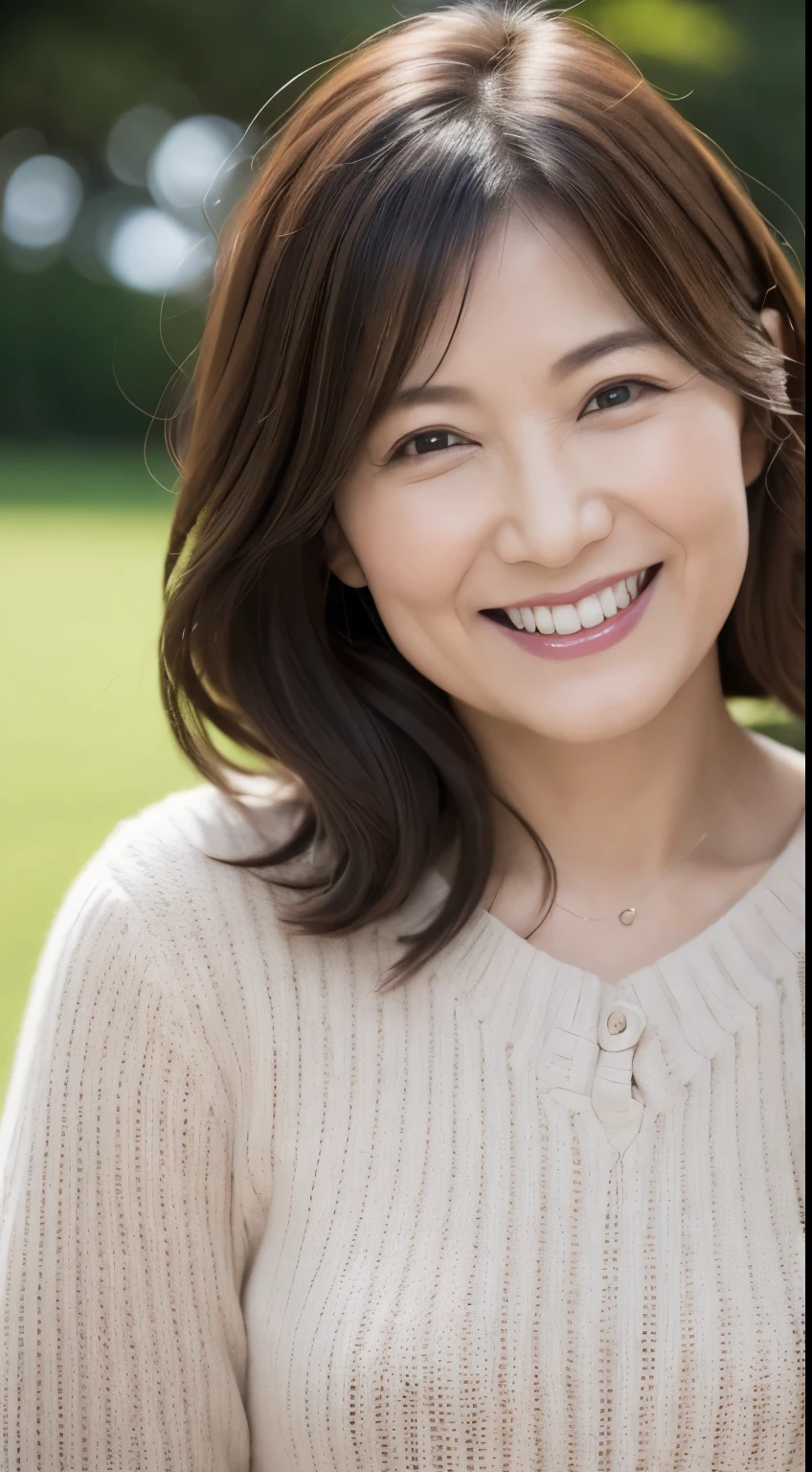 最high quality, In 8K, Masseter region, Real, Sharp focus, high quality, High resolution, Detailed face, Detailed eyes, Thick lips, (Look at the viewers), alone, Middle-aged women, , 60 years old, , Wavy Hair, , Wearing a plain short-sleeved knit, Standing in the park, Wrinkles around the eyes, Smiling with teeth showing