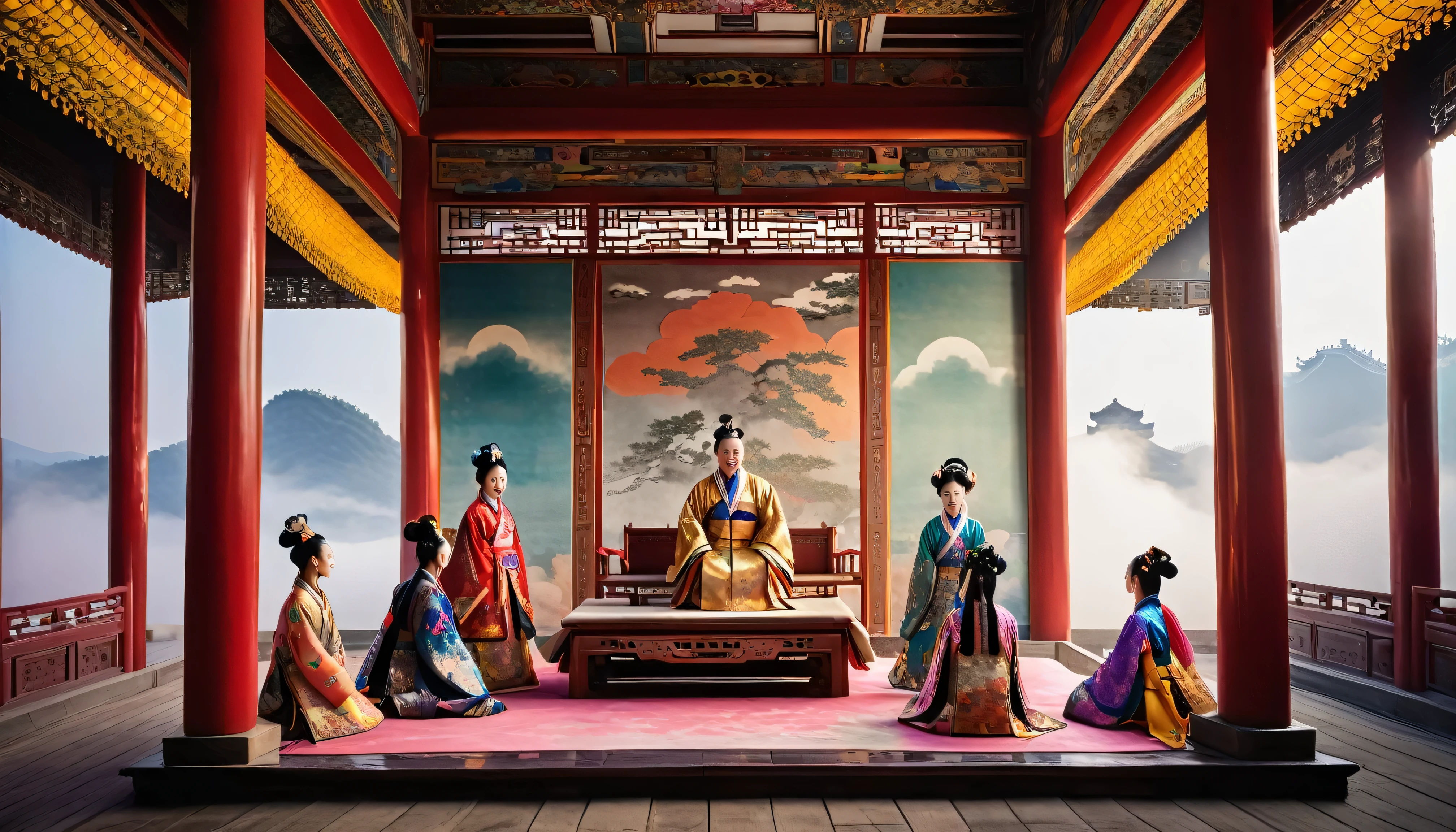 In the field, Ancient Chinese palaces rise above the clouds, In the main hall of the palace, The emperor sits on the throne, Dressed in gorgeous ancient costumes、Has a dignified face. Surrounded by concubines, The craftsmen kneel before them, grow, Glazed tiles, Colorful light, (((Splattered ink)), ((Splattered ink}), masterpiece, high quality, Beautiful graphics, Attention to detail: