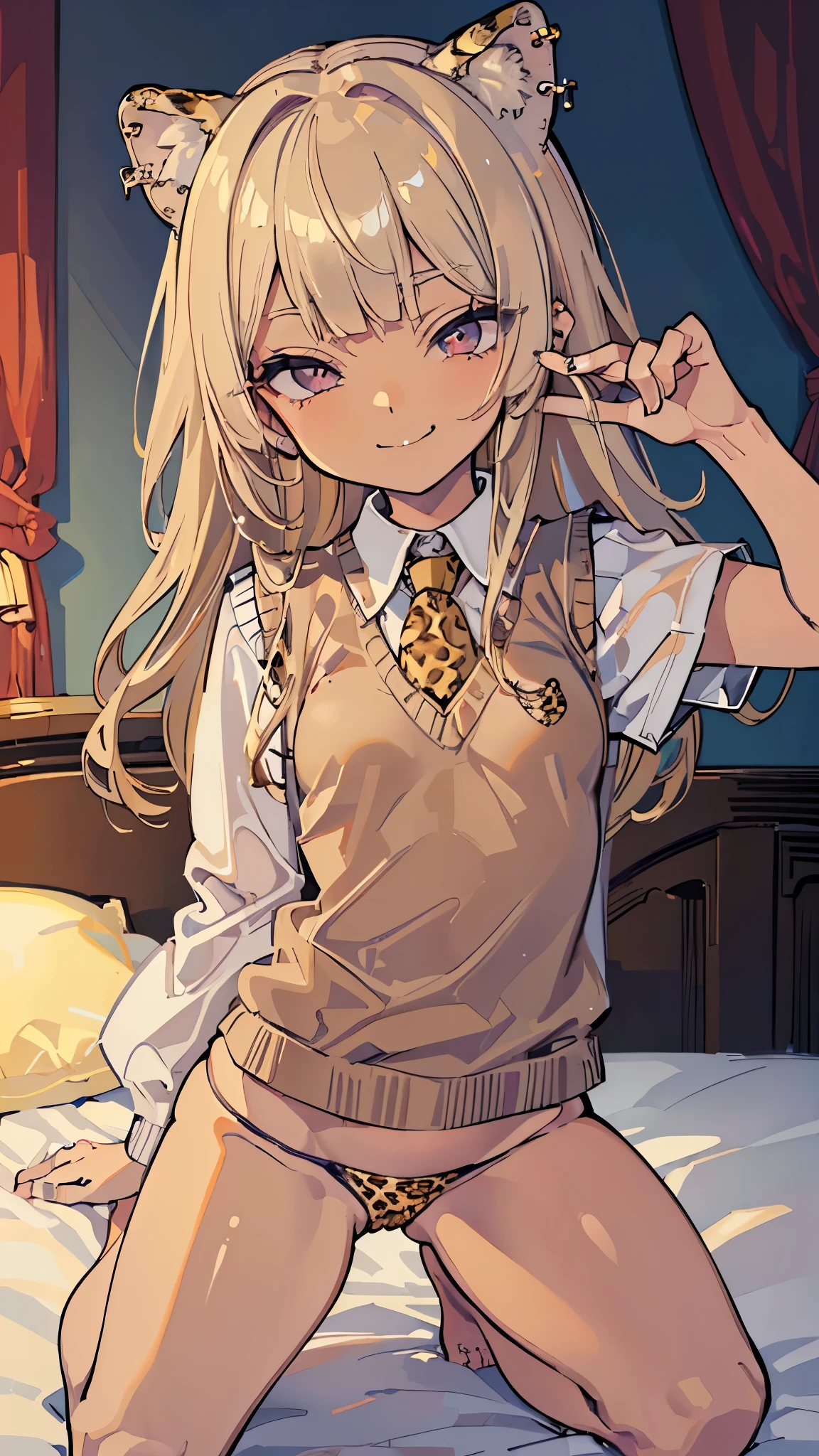 ((masterpiece、Highest quality、Very detailed))、One girl、((Brown skin:1.3))、Blonde、Long Hair、blunt bangs、Wavy Hair、Grey Eyes、evil smile、((lots of piercing))、((Small breasts))、((Collared shirt))、((light brown sweater vest))、((leopard print panties))、kneeling、On the bed、Bedroom Background