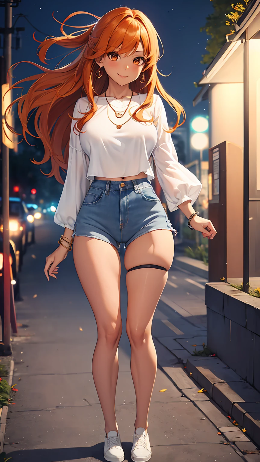 1girl, anime girl, anime, (dark skin), stylish girl, bracelet, necklace, earrings, 2d girl, 18y, (fullbody), standing, anime girl, seductive smile, (orange hair), flowing hair, hair flowing in the wind, ((white blouse)), Solo, Slim, Big Breasts, Tight Shorts, low waist shorts, upshorts, outdoors, night background, flowers, looking at viewer, darker shadows, (((Wedgie))), (((explicit))), (((explicit))), (((shorts))), (((absurdres))), (((thigh gap))), (((cameltoe))), (((lowleg shorts))), (((Detailed description vagina)))