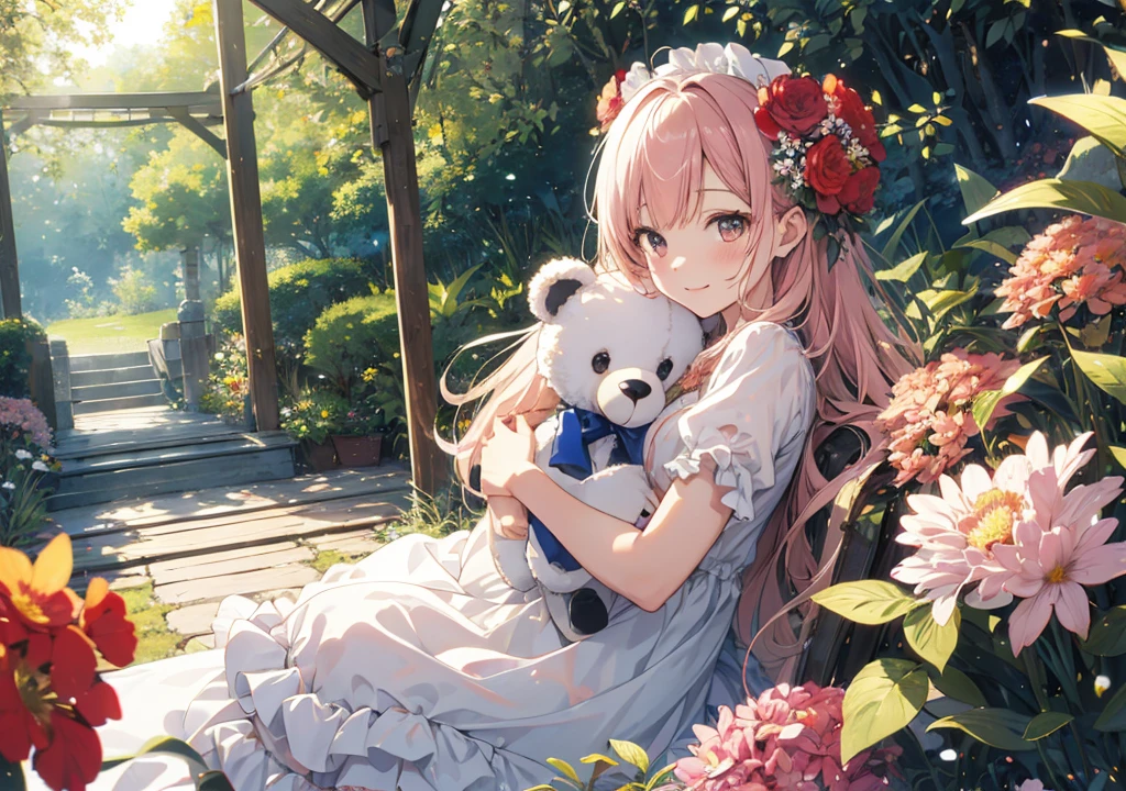 Realistic photos, Focus distance 10mm, Red and white, Beautiful girl, Realistic photos, Shooting at focus distance 10mm, masterpiece, 最high quality, high quality, Very detailed CG 8k wallpaper unit, Award-winning photography, Depth of written boundary, High resolution, bloom, chromatic aberration, Realistic, Very detailed, Art Station Trends, CGsociety Trends, Complex, High detail, dramatic, Art on the go, volumetric lighting, In the beautiful castle gardens、flower々In a place where flowers bloom、A young and beautiful princess in a pale pink dress、She is hugging a teddy bear.。The princess is smiling、I can feel the love for the stuffed animal.。背景にはお城と色とりどりのflower々、Green tree々Spread、Sunlight filtering through the trees

