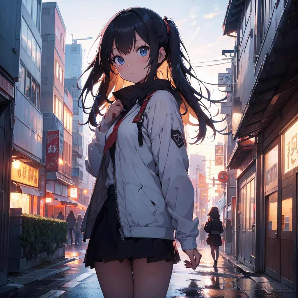 anime girl in front of a city with tall buildings, concept art inspired by Liam Wong, cgsociety contest winner, digitl art, Paisagem de Ilya Kuvshinov, non-style artwork by guweiz, digitl art ilya kuvshinov, makoto shinkai cyril rolando, In front of a sci-fi cityscape, aenami alena style