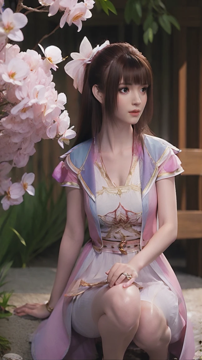 dress, ((knee shot)), fashi-girl, red lips, mature female, makeup, photorealestic、real photograph、((realisticlying:1.5))、There are white butterfly orchids around the hair，Lilac dendrobium、white lilies、1 girl in、Brown hair、floated hair、Hazy beauty、A plump chest, Nice, cleavage, slender leg, Seductive legs, posing elegantly, Have extremely beautiful facial features、Hairpin on the head、perfect hand、(springtime、raining day、butterflys、precipice)、 vectorial art、Chinese contemporary art、Soft lighting、looking-down