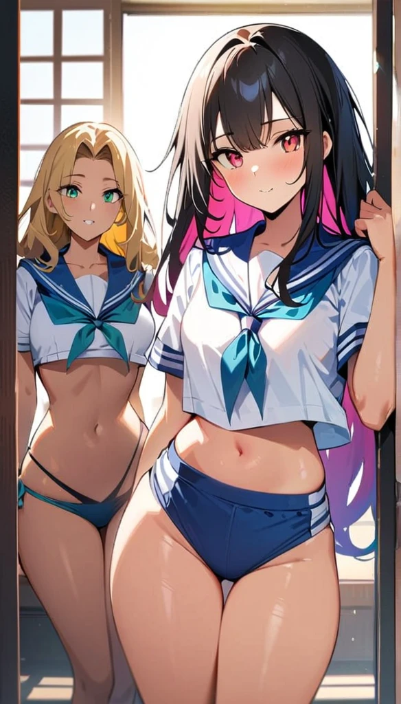 (high quality, 8k, 4K, High Contrast, masterpiece:1.2, 最high quality, Best aesthetics), , ((Four women in sailor suits posing sexy)), Beautiful woman face, Facial details:1.2, Colorful hair colors, The finer details, School Harem, Lots of light coming through the window, happy,