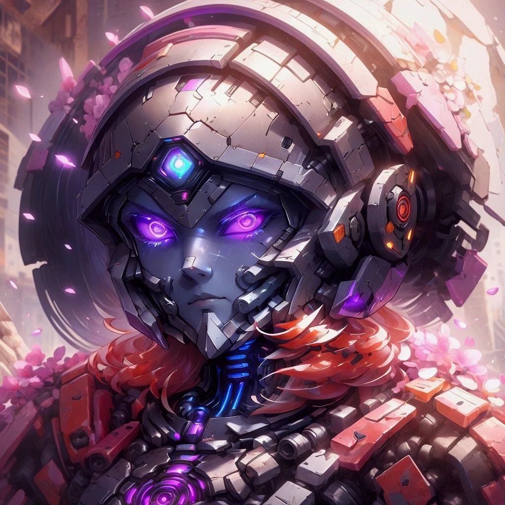 ((melhor qualidade)), ((obra de arte)), (Altamente detalhado:1.3), 3D, lindo (Ciberpunk:1.3) A futuristic android awakening in the ruins of a neon-lit city, with glowing purple eyes and advanced technology, amidst remnants of ancient battles