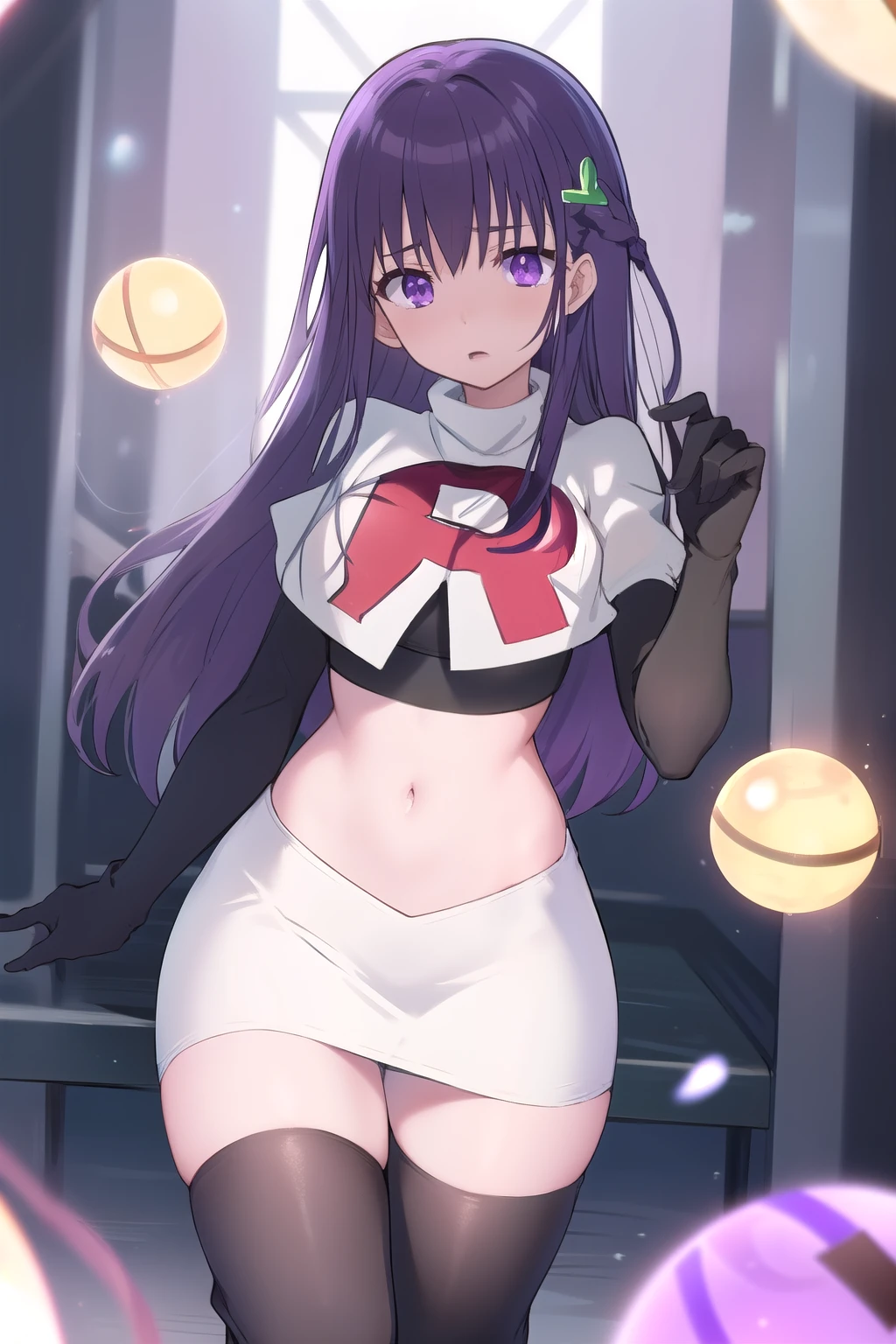 best quality, masterpiece, ElfinePhillet, purple hair, hair ornament, purple eyes, hair clover,scared, glowing magic orbs, team rocket,team rocket uniform,white skirt,red letter R,crop top,black thigh-highs,black elbow gloves