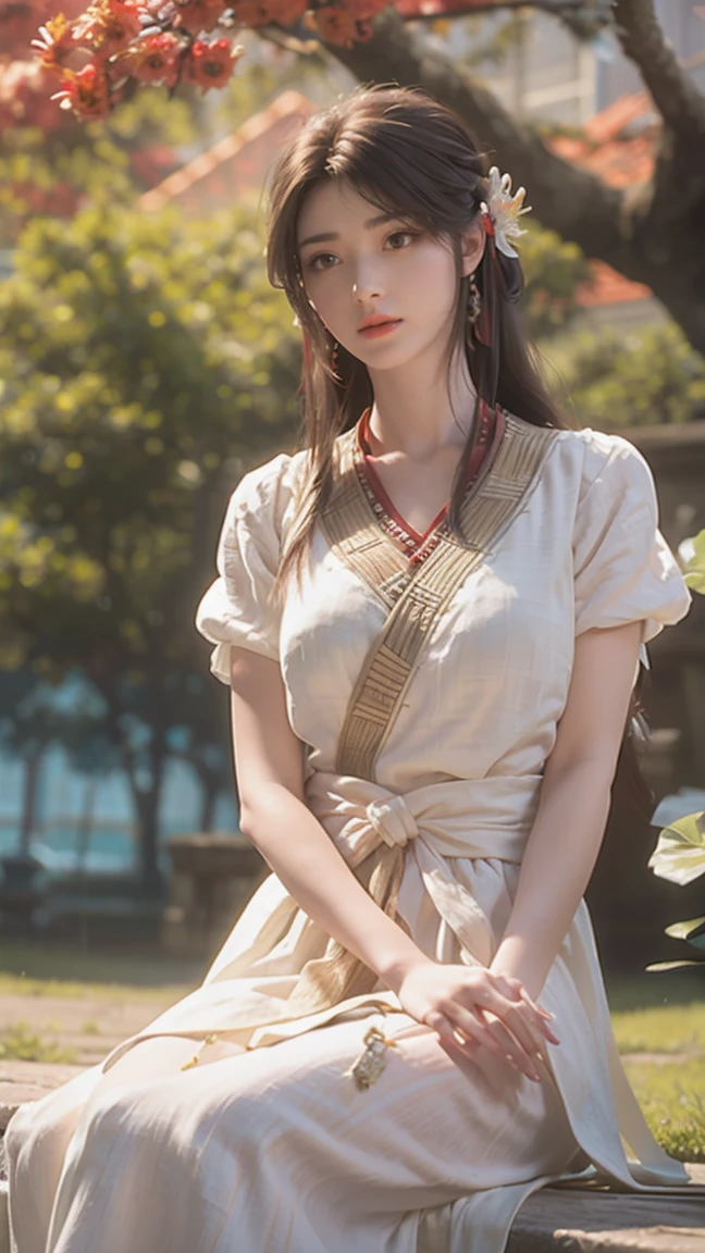 dress, ((knee shot)), fashi-girl, red lips, mature female, makeup, photorealestic、real photograph、((realisticlying:1.5))、There are white butterfly orchids around the hair，Lilac dendrobium、white lilies、1 girl in、Brown hair、floated hair、Hazy beauty、A plump chest, Nice, cleavage, slender leg, Seductive legs, posing elegantly, Have extremely beautiful facial features、Hairpin on the head、perfect hand、(springtime、raining day、butterflys、precipice)、 vectorial art、Chinese contemporary art、Soft lighting、looking-down