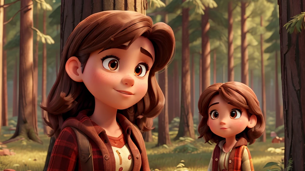 1 Brown hair girl, talking to 2 tall, big lumberjack-looking men, illustrative of disney, forest background (Best Quality, 4k, 8k,High resolution,masterpiece:1.2) , Great composition with great detail and colors, Retailer, beautiful forest, details on the face, eyes, Lips, hands