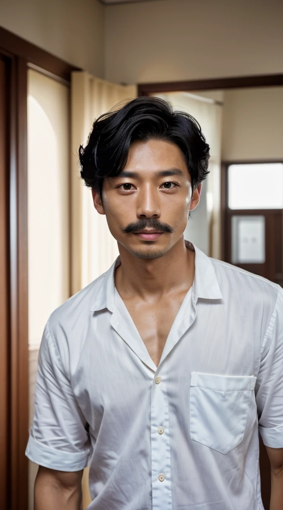 Korean man, Gong Yoo, Korean actor, Gong Yoo, 30 years old, black eyes, black eyebrows, a little bit of a mustache, a little bit of brown hair, hair parted in the middle, lips, a prominent nose, Gong Yoo's face is shiny, a good figure, big muscles, has muscles above....Nice muscles, arm muscles, leg muscles, nipples, a bit of hair, red panties......Pae Tung is the second largest. Big bulge underwear, realistic, high resolution, standing in the forest, arm and leg resolution, white skin, shiny skin, wet skin, facial resolution, Gong Yu, handsome man, short hair, portrait, Gong Yoo, high resolution, 50k camera shot, looking at the camera Yim, man, Gong Yoo..... Handsome, big muscles, six pack, handsome...... Really like Gong Yoo.