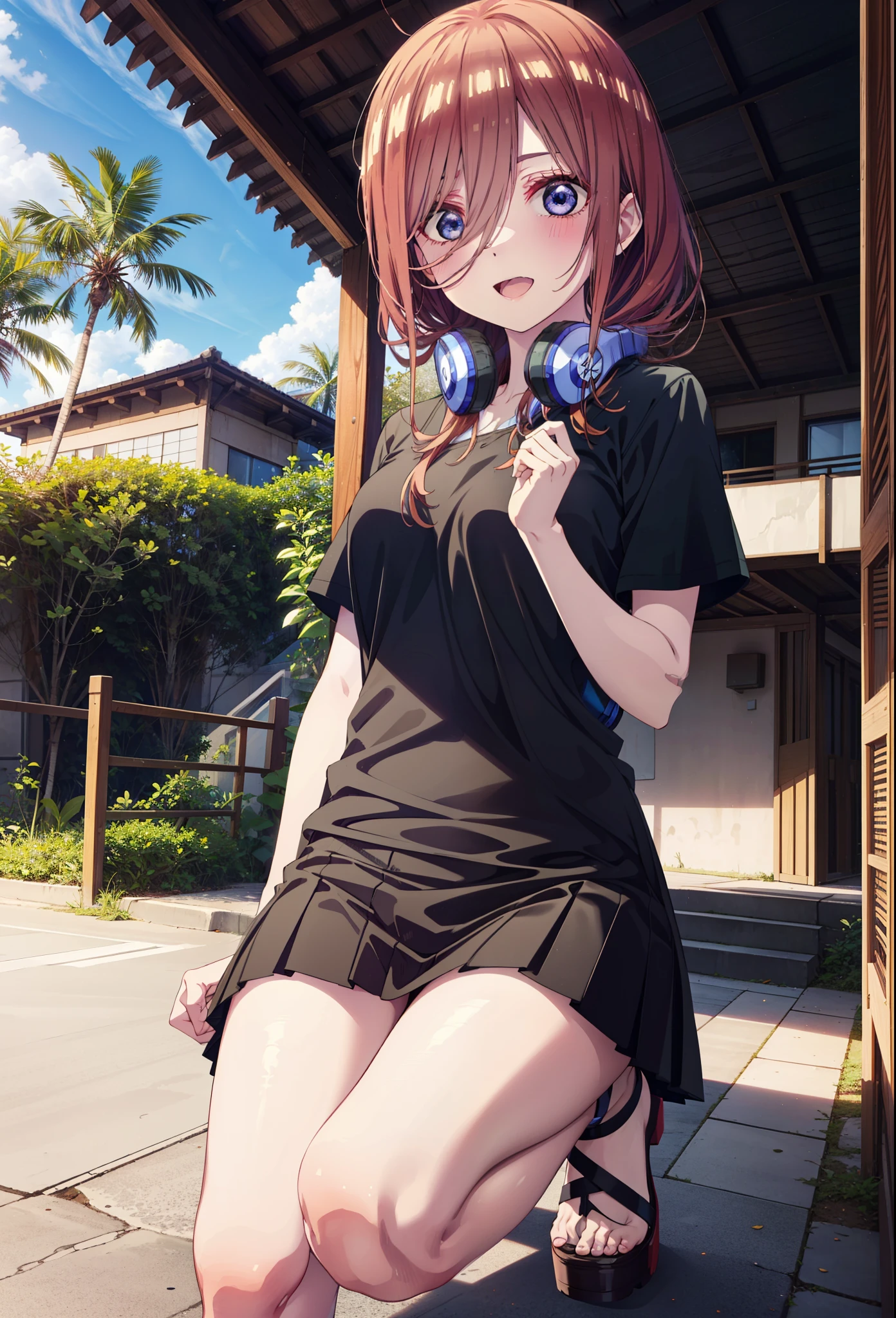 Miku Nakano, miku nakano, Long Hair, bangs, blue eyes, Brown Hair, shirt, Hair between the eyes, Headphones around neck,happy smile, smile, Open your mouth,オーバサイズワンショルダー青色shirt,Short sleeve,mini skirt,Heeled Sandals,Walking,morning,morning陽,Clear skies,Palm tree,whole bodyがイラストに入るように,
break outdoors, tropical,Building district,
break looking at viewer,whole body,
break (masterpiece:1.2), Highest quality, High resolution, unity 8k wallpaper, (figure:0.8), (Beautiful attention to detail:1.6), Highly detailed face, Perfect lighting, Highly detailed CG, (Perfect hands, Perfect Anatomy),