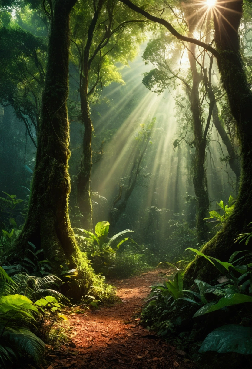 ((ultra high definition)) ((8k)) sound waves converted into colored waves, Magic colors, forest landscape, jungle, birds, squirrels, Spiders, ants , big trees, virgin flora. dream landscape, humid air, Sun light, light ray, raw photo, extreme nature