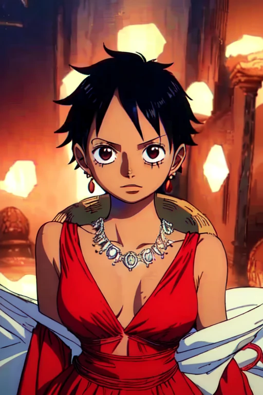 (masterpiece, best quality), beautiful detailed face, monkey_d_luffy, Luffy female, straw hat, scar under eye, genderswap, brown eyes, short black hair, elegant black dress, diamond necklace, emerald earrings, in the hall, intricate details, photorealistic, 8k, chiaroscuro lighting, ethereal atmosphere, jewel-toned colors