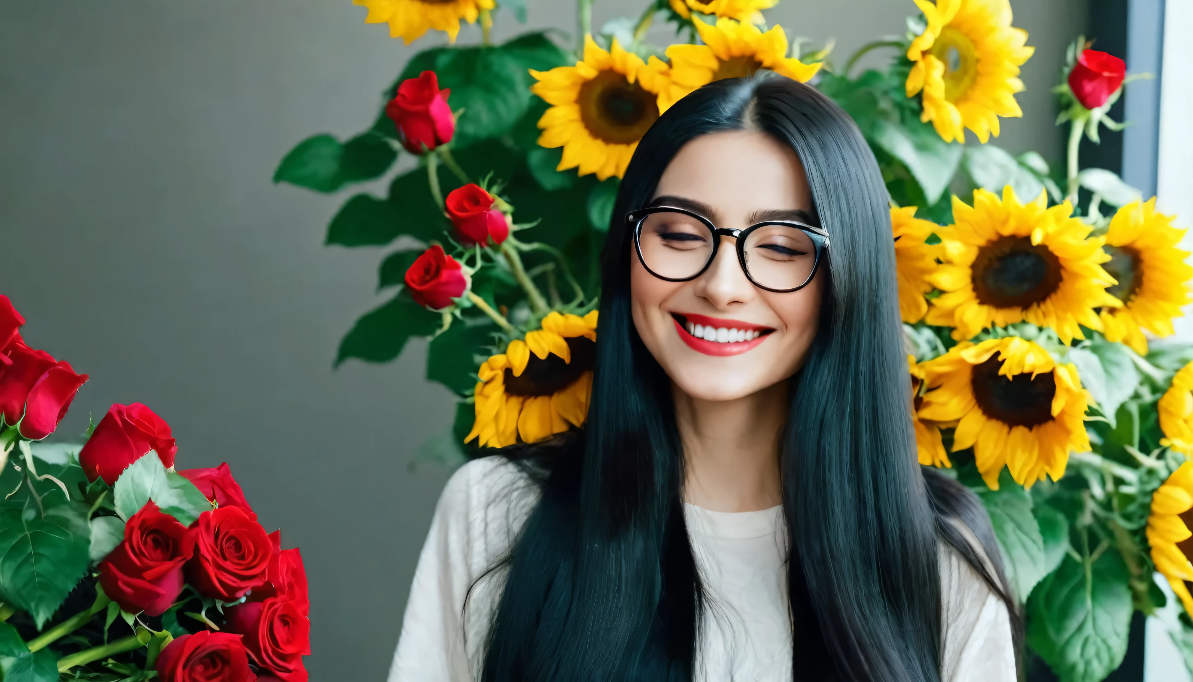 Beautiful girl with glasses, Long black hair, Bouquet of sunflowers and red roses, Bright colors, smile, 8K quality, Focus of the film, close your eyes