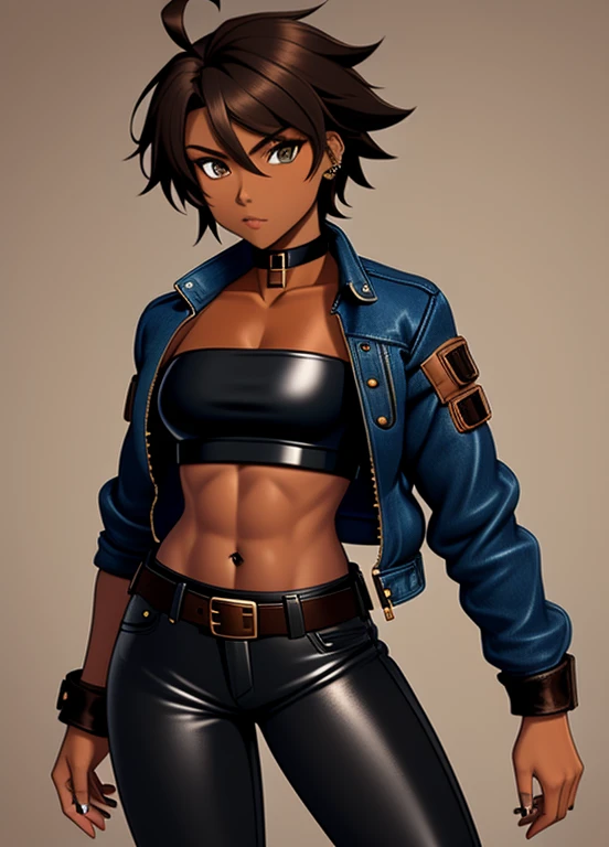 high quality, extremely detailed, perfect face, 1girl, solo, tomboy, midriff, thighhighs, (tan-bronze skin), (Wearing: blue jacket, choker, Strapless black top, Belt, Black leather pants), ahoge, piercings, toned, short brown hair
