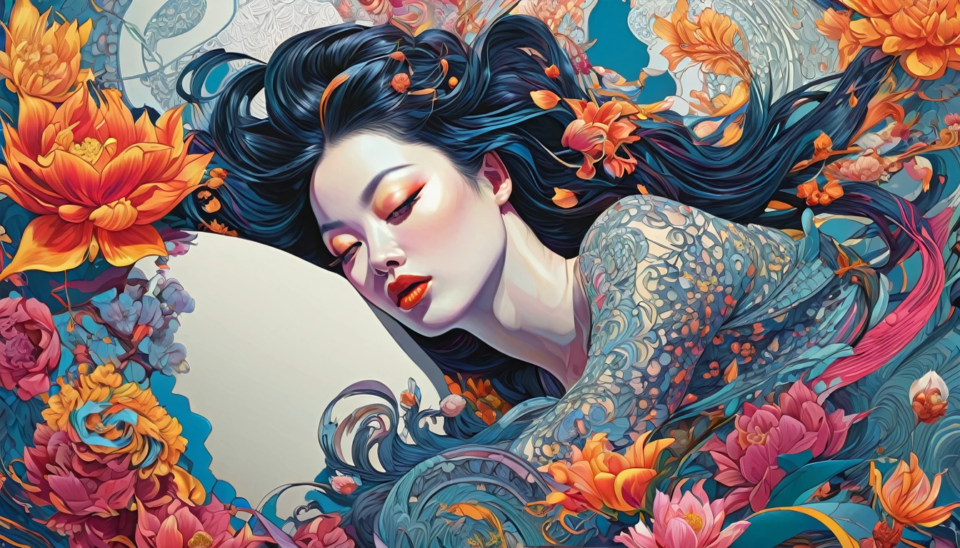 Official Art, unity 8k wallpaper, Super detailed, beautifully、aesthetic, masterpiece, Highest quality, Chinese style, (zenTangle, Mandala, Tangle, enTangle), Flower Ecstasy, One girl, Very detailed, Dynamic Angle, Cowboy Shot, The most beautiful form of chaos, elegant, Brutalist design, Vibrant colors, Romanticism, James Jean, Robbie Dowie Anton, Ross Tran, Francis Bacon, It was freezing cold, Adrian's genius, Petra Cortright, Gerhard Richter, takato yamamoto, Ashley Wood, Atmospheric