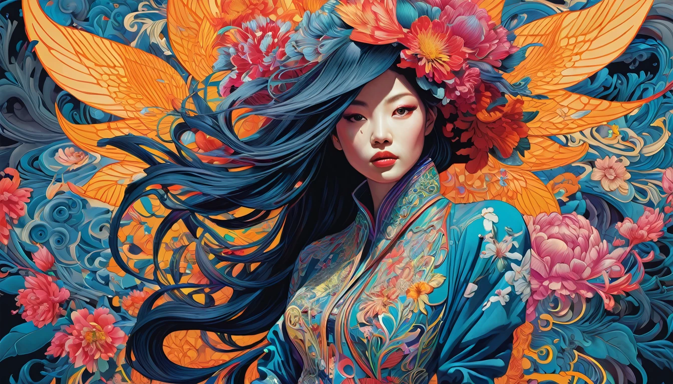 Official Art, unity 8k wallpaper, Super detailed, beautifully、aesthetic, masterpiece, Highest quality, Chinese style, (zenTangle, Mandala, Tangle, enTangle), Flower Ecstasy, One girl, Very detailed, Dynamic Angle, Cowboy Shot, The most beautiful form of chaos, elegant, Brutalist design, Vibrant colors, Romanticism, James Jean, Robbie Dowie Anton, Ross Tran, Francis Bacon, It was freezing cold, Adrian's genius, Petra Cortright, Gerhard Richter, takato yamamoto, Ashley Wood, Atmospheric
